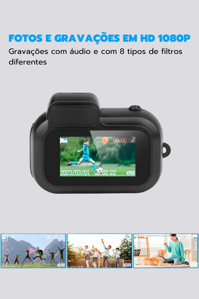 Câmera digital compacta para crianças com tela de 0,96" – vídeo HD 1080p, perfeita para viagens e presentes de fim de ano. Projetada para crianças capturarem