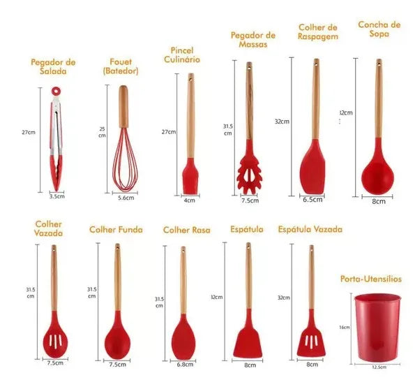 Elegância e Funcionalidade em 12 Peças Este kit combina o design sofisticado do cabo de madeira com a praticidade do silicone, transformando sua cozinha em um verdadeiro refúgio de beleza e proteção. Impressione com estilo!